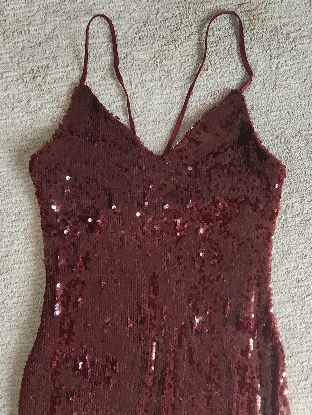 Sequin V-Neck Spaghetti Strap Top - Burgundy
